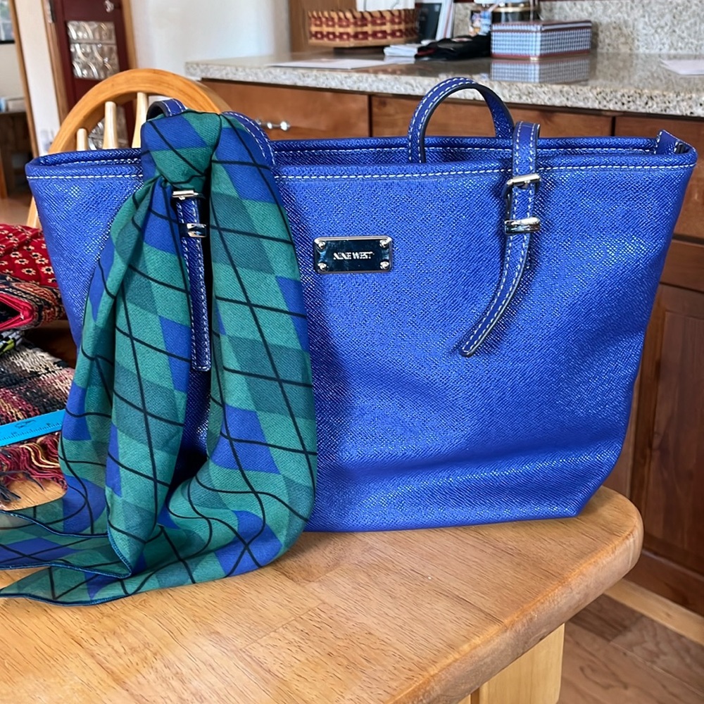 Blue Nine West shoulder bag with blue and green plaid scarf